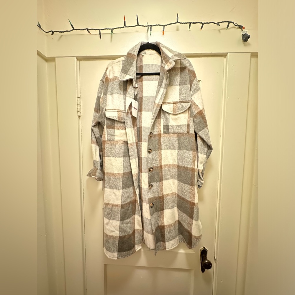 Omoone Women's Classic Woolen Button Down Plaid Long Coat Tartan